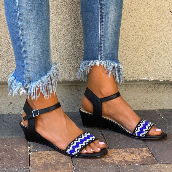 Beads Embellished Ankle Strap Kitten Wedge Sandals - Picture 10 of 11